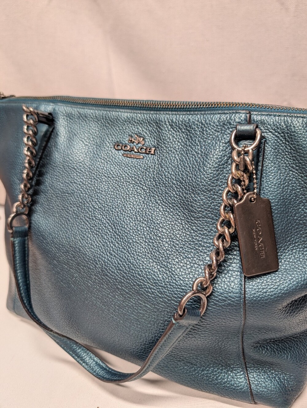 Coach Ava Chain Tote in metallic teal pebble leather w/ gunmetal chain hardware